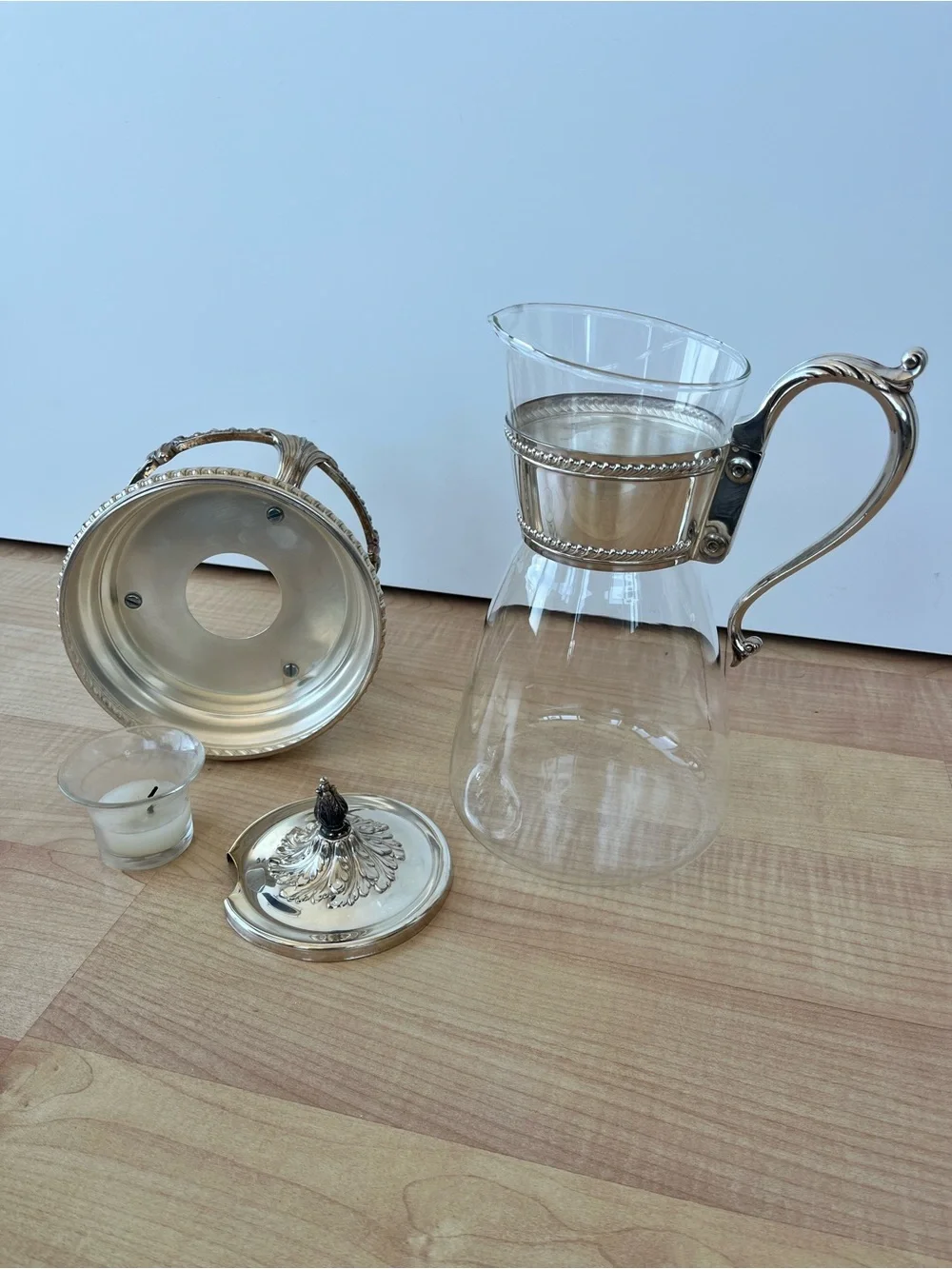 Vintage Silver-Plate Glass Pitcher with Ornate Handle & Warmer Base. Excellent!